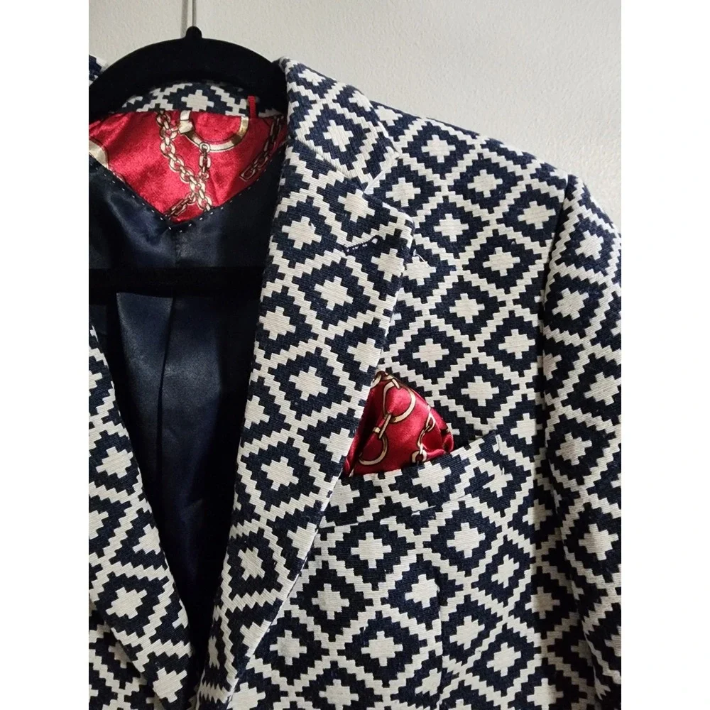 Elie Balleh Milano Italy Urben Blazer Mens M 38-40 Navy Geometric UEBBW2061-1 - Picture 2 of 9
